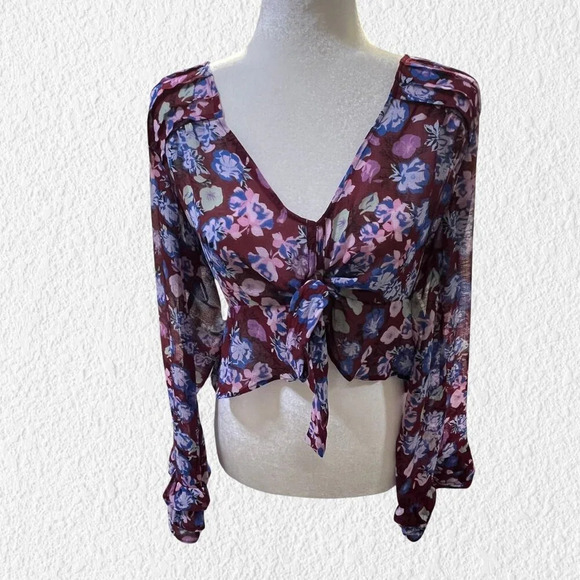 FREE PEOPLE Maybel Top Ruffled Sheer Shiraz Floral Size Small NWT - Picture 1 of 7